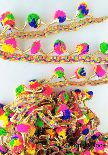Wholesale Multicoloured Pom Pom Trim With Gold Conical Cap and White Cluster Beads, Approx. 50mm Wide - 210119L362